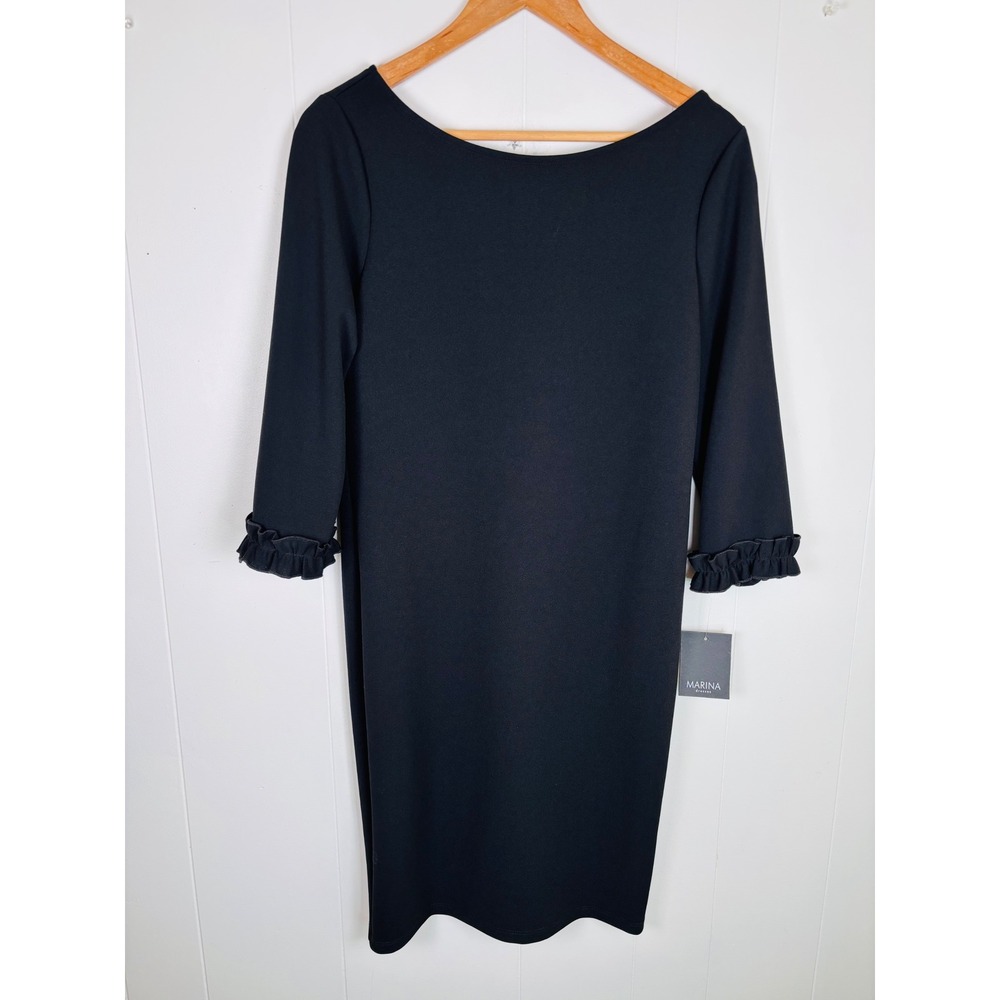 Marina‎ Black Cocktail Dress Ruffle Cuff 3/4 Sleeve Party Made in USA 8 -NEW
